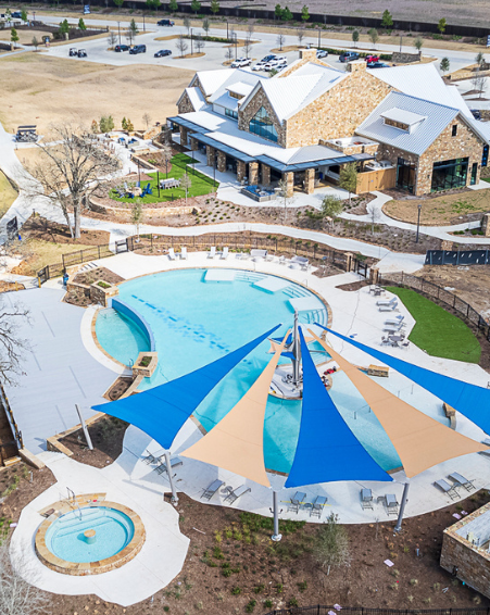 aerial shot of amenity center and pool